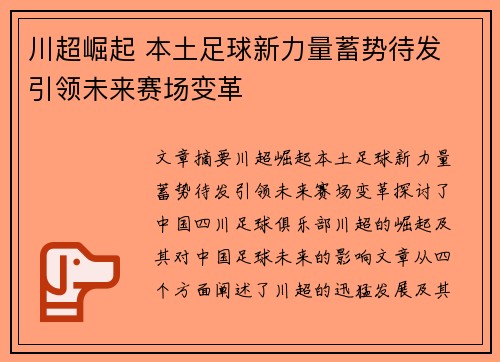 川超崛起 本土足球新力量蓄势待发 引领未来赛场变革 川超崛起 本土足球新力量蓄势待发 引领未来赛场变革